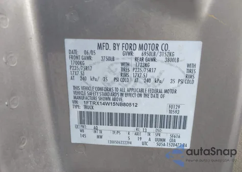 2005 Ford F-150 Stx/Xl/Xlt из США, поврежденный, VIN 1FTRX14W15NB80512